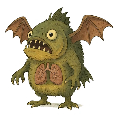 piranha with bat wings, clawed feet, furry texture, arms, chest showing lungs, ghibli style sticker