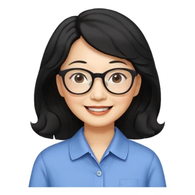 60 yr old asian woman, wavy thick black hair past shoulder length, side part, side swept bang, big smile, collared shirt, long hair, glasses sticker