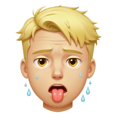 The image depicts a young man with yellow-toned skin and blond hair. His face looks extremely exhausted, with his tongue sticking out and large sweat drops running down his forehead and cheeks. His expression and posture convey intense heat and discomfort. sticker