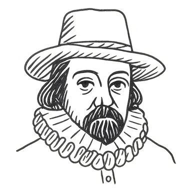 a hand drawn black outline portrait of philosopher Francis Bacon with similar-sized eyes based a famous portrait of him sticker