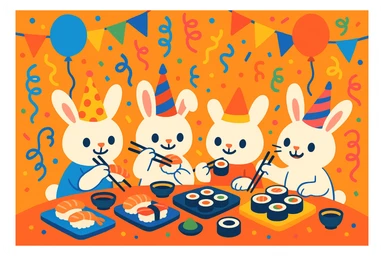four bunny rabbits eating sushi at a birthday party, festive, colorful, cute, party hats, birthday decorations sticker