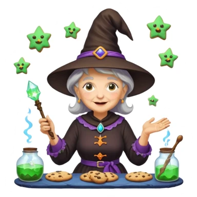 Portrait of a witch-like grandma with a glowing wand, enchanted cookies flying through the air, mystical kitchen with potion bottles, emoji-style sticker
