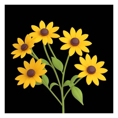 yellow rudbeckia flower with brown center and green stem in 3D iOS style on white background sticker