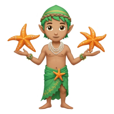elf male Sarong with bioluminescent embroidery, armful of starfish, hair in a braid with pearl pins, pixel art style sticker