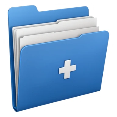 A simple emoji-style icon of a blue multipocket folder, clean and minimal, with layered inner tabs, subtle shading, and a small health/medical documents symbol on the front sticker