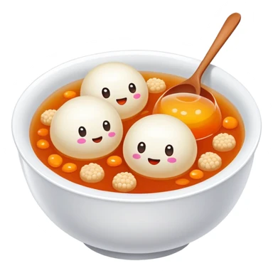 Sweet glutinous rice balls in syrup bowl with sesame, simplified emoji style with bold outlines and bright colors, cartoon style Tangyuan dessert snack sticker