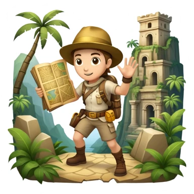 An icon featuring an adventurer in a dynamic action pose, with treasure maps, ancient ruins, and jungle landscapes in the background. The design includes clues, hidden passages, and climbing gear, symbolizing the thrill of exploration and discovery. Transparent background. sticker