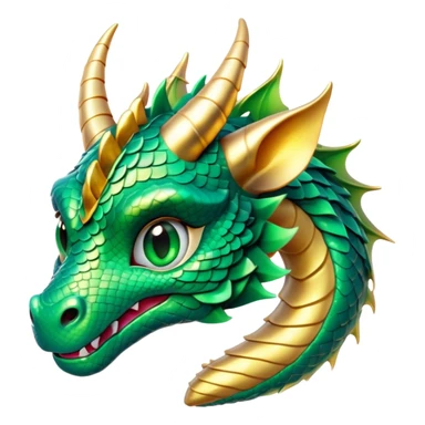 Cinematic Cute Dragon Portrait Emoji, Head tilted playfully and inquisitively, featuring a sleek, serpentine form adorned with iridescent scales that shift between emerald and gold, a delicate set of subtle horns, and round, sparkling eyes full of curious magic; rendered with realistic detail and warm natural light, high shine, affectionate and enchanting, styled with a touch of whimsical fantasy, soft glowing outline, capturing the essence of a mischievous yet lovable dragon that seems poised to slither playfully into your arms! sticker