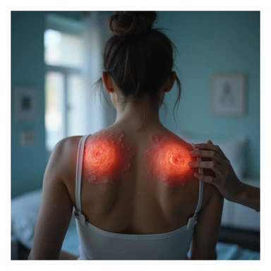 hyperrealistic 4K image of a woman seen from behind with inflamed shoulder blades, red and swollen skin between the shoulder blades, medical environment, variant 6 with slightly changed hand position sticker