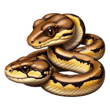 A photo-realistic digital illustration of a Ball Python, large headshot portrait. The snake has a short, rounded snout, smooth contours, and a calm, curious expression. Its head is warm brown with bold, irregular dark markings, including the signature “alien-head” pattern.  sticker