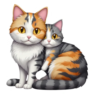 full body colourful light patched calico + white tabby cat cuddling a bigger cat that is dark grey and white tabby cat  and they are in love sticker