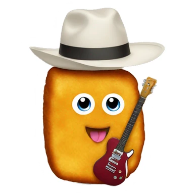 chicken nugget with a face a cow by hat and a guitar sticker