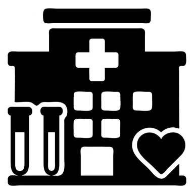 Modern clinic building facade with a red cross medical symbol, test tubes and a small heart icon, clean professional medical facility sticker