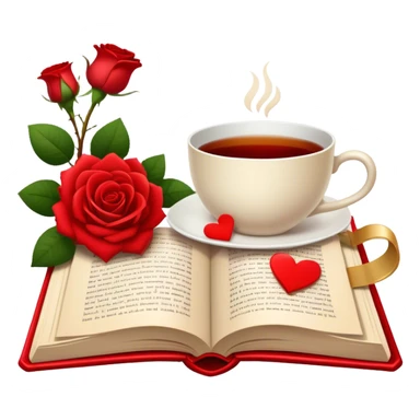 Icon for Romance Reading: an open book with a heart-shaped bookmark, surrounded by roses, a love letter, and a cup of tea. The icon should evoke the warmth, passion, and emotional depth of a love story. Transparent background sticker