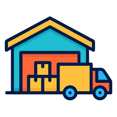 a warehouse with a delivery truck sticker