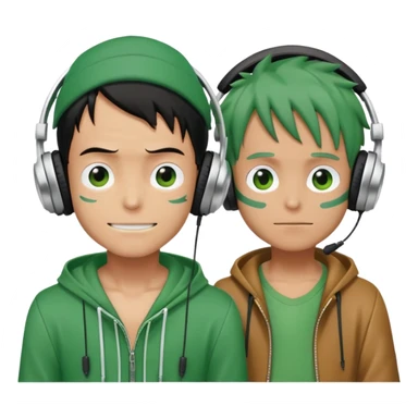 Green Luffy and green Alastor wearing headphones listening to music together sticker
