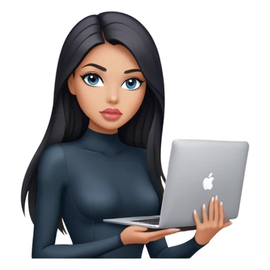 Glamours, tanned, very beautiful girl, with big pump peach-beige-rose lips, black straight smooth silky long hair, straight parting, blue-grey eyes, in black bodysuit holding MacBook sticker