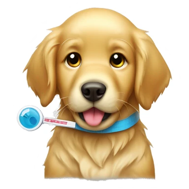 Sick golden retriever puppy with thermometer in mouth  sticker