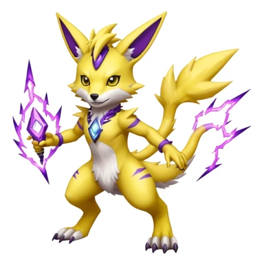 Furry Anthropomorphic Yellow Renamon-Zeraora-Toxtricity-Pokémon-Digimon-Fakémon-fusion with purple lightning-bolt-markings, and facial markings sticker