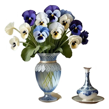 A carefully arranged still life featuring a crystal vase filled with an enchanting mix of soft blue and creamy white pansies, their petals unfolding like miniature works of art. A string of pearls is casually draped beside the vase, reflecting a subtle iridescence under candlelight. The backdrop is a hand-painted silk fabric in gentle shades of pearl and ivory, its smooth texture enhancing the refined beauty of the floral display sticker