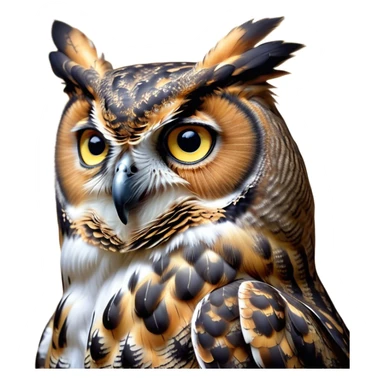 Cinematic Noble Great Horned Owl Portrait Emoji, Poised and regal, with a commanding, broad build and a richly mottled plumage of grays, whites, and subtle browns, deep-set soulful golden eyes, Simplified yet sharp and sophisticated features, highly detailed, glowing with a soft, dignified glow, high shine, intelligent and enigmatic, stylized with an air of nocturnal majesty, focused and attentive, soft glowing outline, capturing the essence of a watchful and confident raptor, so majestic it feels as though it could silently swoop out of the screen with effortless authority! sticker