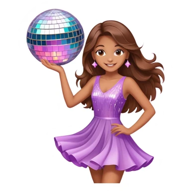 Girl with long brown hair dancing like nobody’s watching, cute elegant quirky  discoball in background pastel  sticker