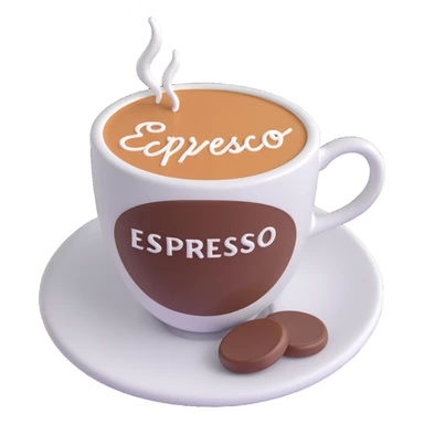 A cup of coffee with the word “Espresso” written on the foam, close-up, warm lighting, simple background sticker