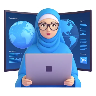 computer engineer with white hijab wearing blue outfit, presenting her metaverse creation with a large digital screen behind her displaying virtual worlds and code, laptop open in front of her showing programming interface, AR glasses, professional stance sticker
