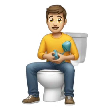A guy sat on the toilet holding a toy airplane  sticker