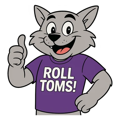 Make Tommie the Tomcat look more cartoonish, smiling and giving a thumbs up, keeping the purple t-shirt with 'Roll Toms!' text, no background. sticker