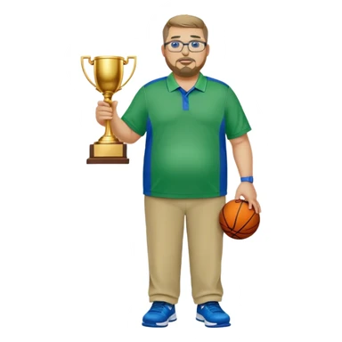  full body white obese male basketball coach with trophy. Goatee , Wearing glasses and blue and green nike polo shirt and khaki pants sticker