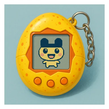 Tamagotchi virtual pet device, egg shaped, three buttons, Mametchi character on the screen, attached keychain, playful and nostalgic style sticker
