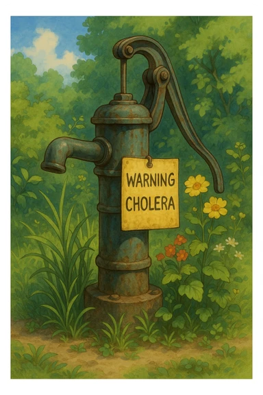 a Ghibli-style water pump with a warning sign about cholera sticker