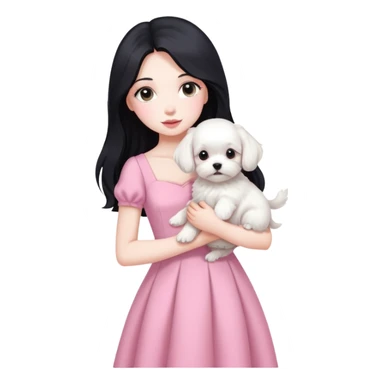 beautiful girl with long black hair wearing pink dress holding a white Maltese puppy sticker