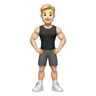 Full height Actively gesturing with hands Pale skinned Fit Man With the biceps and light brown hair with Bristle in dark gray Sleeveless Mike, black oversize sports shorts and white Sneakers sticker