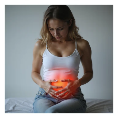 seated woman with painful expression, hands on abdomen, intestinal area highlighted with redness, hyperrealistic 4K details, vertical 9:16 format, neutral background sticker