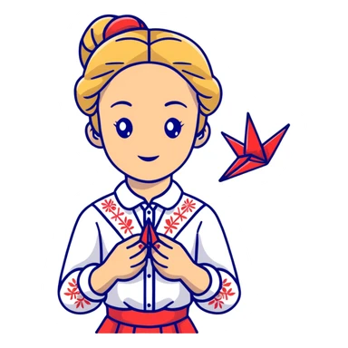 Ukrainian young girl with blonde braided hair wearing a white traditional embroidered shirt (vyshyvanka) holding a red origami paper crane in her hands sticker