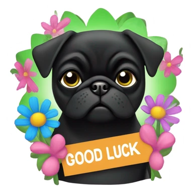 Black pug , surrounded by flowers, holding a green sign that says “good luck”  sticker