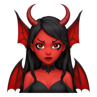 demon girl, skin red , black long hair, small horns, bat wing, black open-back dress, bold black outlines, red+black palette sticker