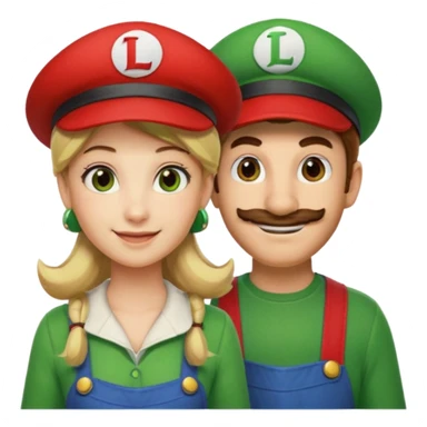 blonde female Luigi (with the Luigi green hat with an L on it) and a normal brown hair male Mario with the red hat with a M on it. They are friends just smiling. This video game sticker