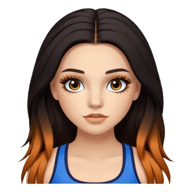 Pale girl with long black/brown hair with ginger streaks,wearing fake lashes,latina baddie makeup and a blue crop top sticker