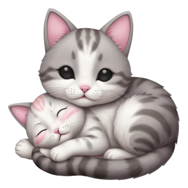 grey and white small cat with eyes closed lying down upside down tightly hugging its own face sticker