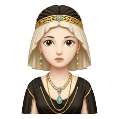 An emoji portrait of a Greek noblewoman. She wears a peplos dress with intricate folds and gold jewelry. Her expression is calm and intelligent. sticker