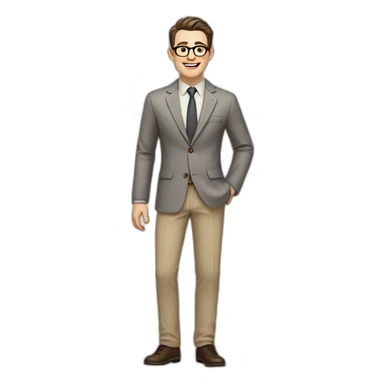 Joyful Full height Pale skinned Fit Man With dark brown hair in gray classic jacket, beige office shirt, Brown pants and vintage glasses. His thrumbs up sticker