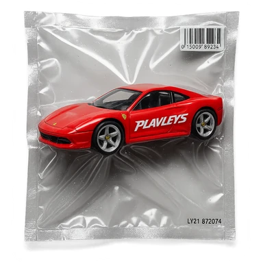 red Ferrari in Hot Wheels packaging, 'PLAVLEYS' in stylized racing script on the door, glossy vacuum-sealed style sticker