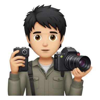 a man with black messy hair with a camera sticker