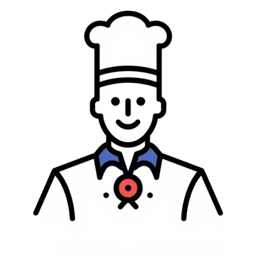 a pastry chef wearing the official uniform of Meilleurs Ouvriers de France (MOF) with a distinctive blue, white, and red collar, white chef coat, chef's hat, and medal sticker
