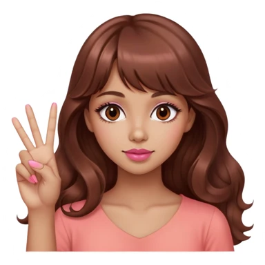 cute woman, light tan skin, big dark brown eyes, very long wavy auburn hair, bangs, pink top, coral lipstick, peace sign sticker