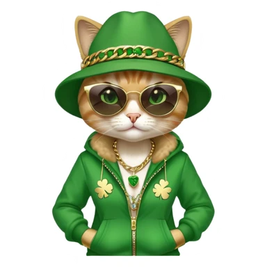 female cat in hip-hop Run DMC outfit, green tracksuit, fedora with shamrock, dark sunglasses, gold chains, bling accessories, St. Patrick's Day theme sticker