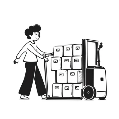 A hand-drawn warehouse worker with a forklift carrying inventory, representing a supplier sticker